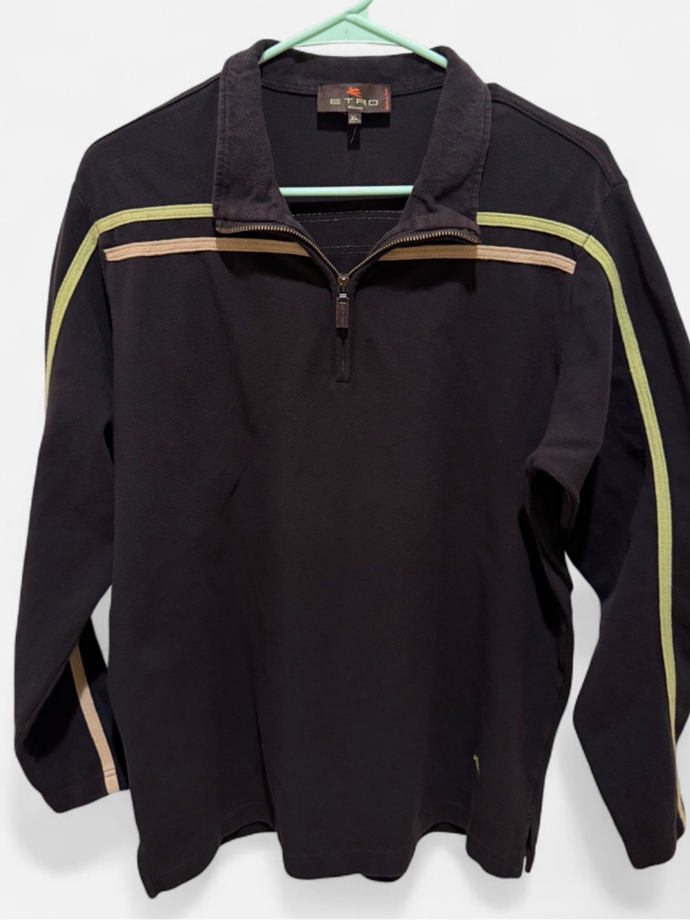 ETRO Milano Men’s XL Dark Brown Quarter Zip Pullover Green Stripe